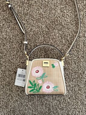 kate spade Straw Crossbody with Pink Floral Embroidery and Cream Trim
